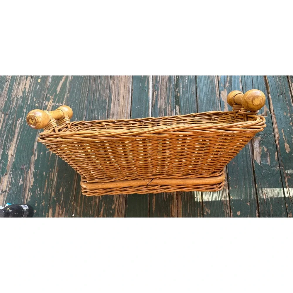 Vintage Wicker Storage Basket Wood Slat Bottom Chunky Handles Indonesia 18x11x7